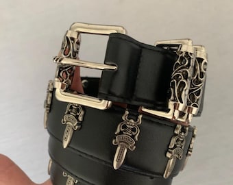 CH Belt, Cross Gothic Belt, Y2K Thick Belt, Cemetary Style Belt, Punk Men's and Women's Studded Belt Vintage Silver Engraved gift for him