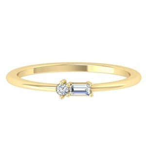 Minimalistisk ring med baguette och rund diamant, elegant stapelbar guldring, liten ring med tre stenar, enkel brudring, presentsmycken