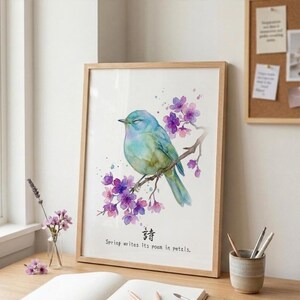 Blue Bird & Sakura Digital Art Print, Japanese Nature Wall Decor, Inspirational Spring Poster, Gift for Bird Lover, Zen Floral Artwork