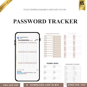 Könnte beinhalten: Ein digitaler Passwort-Tracker mit minimalistischem Design. Das Bild zeigt ein Handy-Mockup mit den Worten "PASSWORD TRACKER" und einem Rasterlayout zum Aufzeichnen von Website-Logins und Passwörtern. Zusätzliche Seiten werden angezeigt.