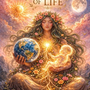 以下が含まれることがあります： 花飾りの髪を持つ女性が、光る地球と輝く赤ちゃんを抱いている幻想的なイラスト。画像には「SOURCE OF LIFE」の文字があり、雲、太陽、月の背景が描かれています。テーマ：自然と精神性。