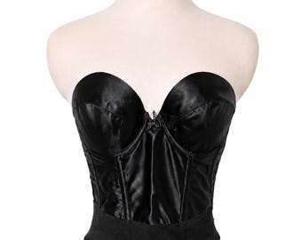 Vintage 90s Wonderbra Black Satin Bustier – Strapless Longline Push-Up Bra (38B)