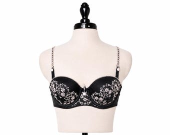 Vintage Olga Black Embroidered Bra – 90s Y2K Coquette Floral Satin Bows 36B