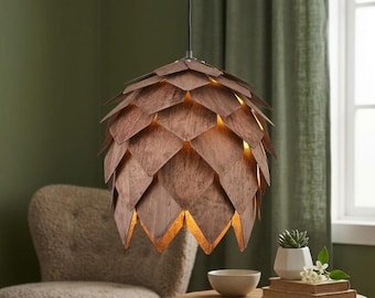 Kronleuchter-Pendelleuchte aus Kiefernholz, rustikaler Lampenschirm aus dunklem Eichen- und Teakholz, handgefertigte moderne Japandi-Deckenleuchte, dunkelbraune Holzlampe