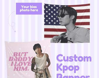 May include: Custom Kpop banner with two images. One features a black and white photo of a person wearing sunglasses in front of an American flag. The other banner is pink with the text "BUT DADDY I LOVE HIM."