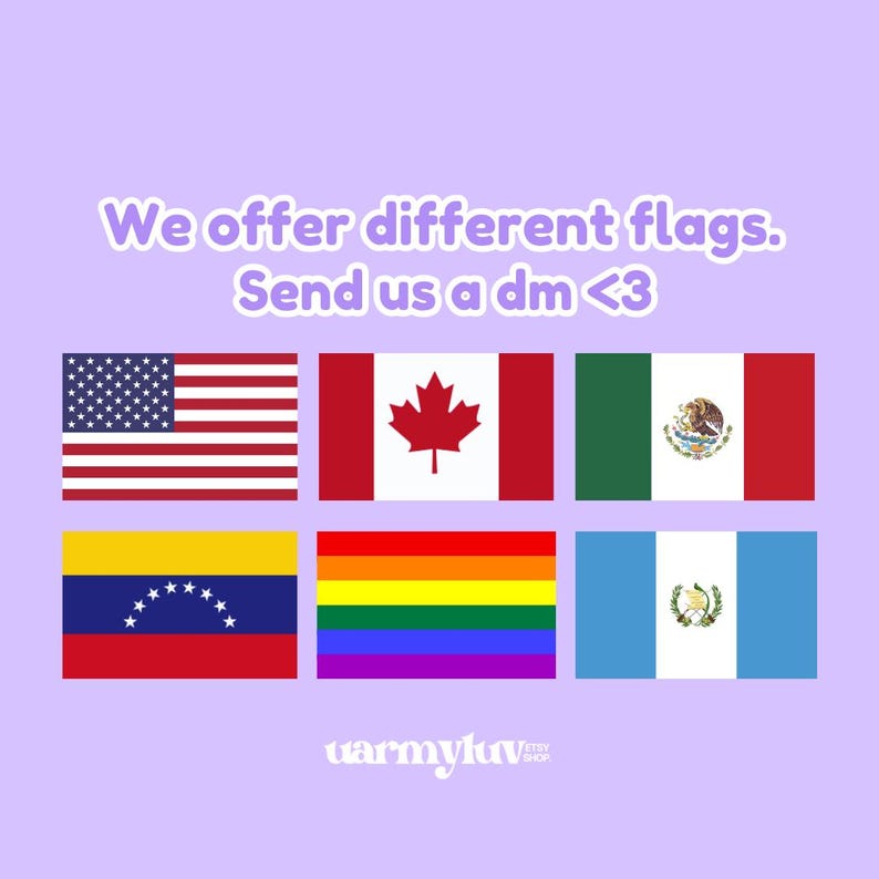 May include: Image features six flags: the United States, Canada, Mexico, Venezuela, the rainbow pride flag, and Guatemala. Text reads "We offer different flags. Send us a dm <3". The background is a light purple color.