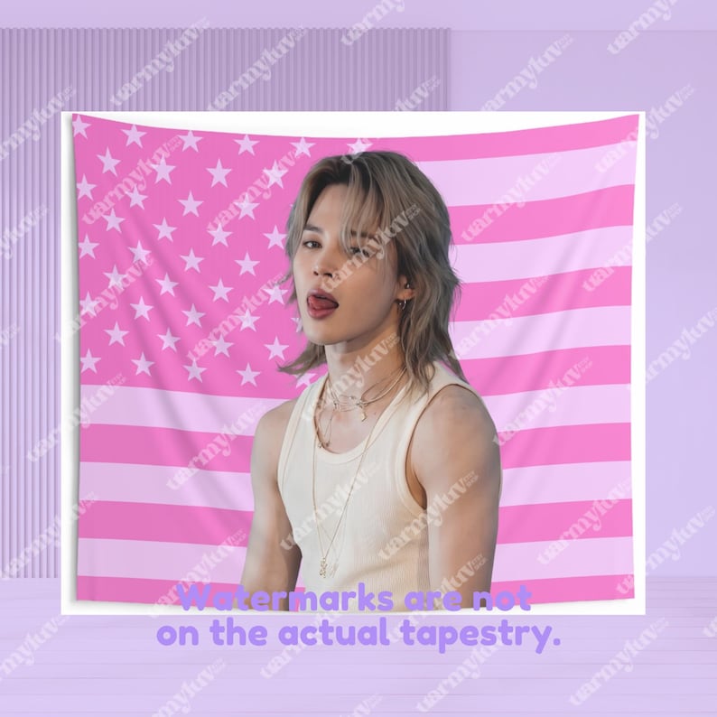 May include: A pink tapestry featuring a person in front of a pink American flag design. The person is wearing a white tank top and multiple necklaces. The text at the bottom reads: Watermarks are not on the actual tapestry.