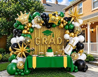 Graduation Balloon Garland Kit Green Gold Black White Party Decorations Class of 2026 Arch Decor for School Prom Celebration