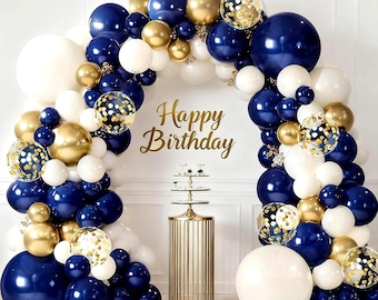 Blue Gold Balloon Garland Kit, Navy Dark Blue Sand White Balloons with Gold Confetti for Wedding Birthday Gender Reveal Party Decor