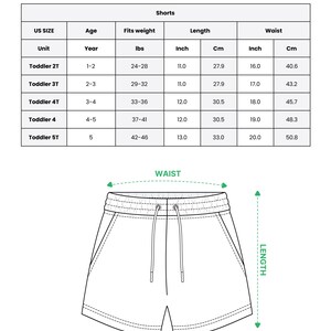May include: A size chart for all-over print kid soccer jersey shorts, featuring a table with US sizes from 2T to 5T, including age, weight in lbs, and length and waist measurements in inches. A line drawing of shorts shows waist and length indicators.