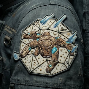 May include: Embroidered patch with a geometric design featuring a brown robotic figure, blue accents, and constellation details. The patch includes the text "EVA UNIT - G. GRACE SER. NO. 45-C" and numbers 1, 2, and 3. The patch is sewn onto a gray fabric.