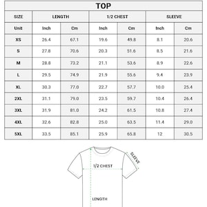 May include: A size chart for an all-over print soccer jersey featuring a table with columns for size, length, 1/2 chest, and sleeve measurements in inches and centimeters, accompanied by a line drawing of a t-shirt illustrating these dimensions.