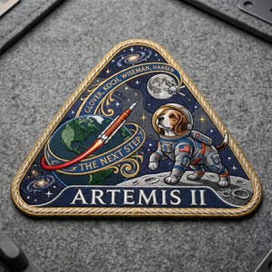 May include: A triangular patch featuring a beagle astronaut on the moon, with a rocket launching from Earth. The patch is embroidered with the words "ARTEMIS II" and "THE NEXT STEP". The design includes a starry background and the names GLOVER, KOCH, WISEMAN, HANSEN.