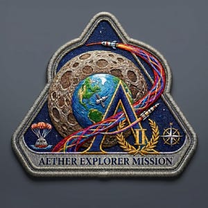 May include: Embroidered patch with a triangular shape, featuring a detailed space-themed design. The patch includes a depiction of Earth, the Moon, rockets, and the text "AETHER EXPLORER MISSION". The patch is bordered with a silver thread.