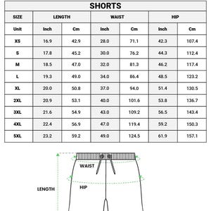 May include: A size chart for all-over print soccer shorts featuring a table with length, waist, and hip measurements in inches and centimeters for sizes XS through 5XL, accompanied by a line drawing of shorts with labeled waist, hip, and length.
