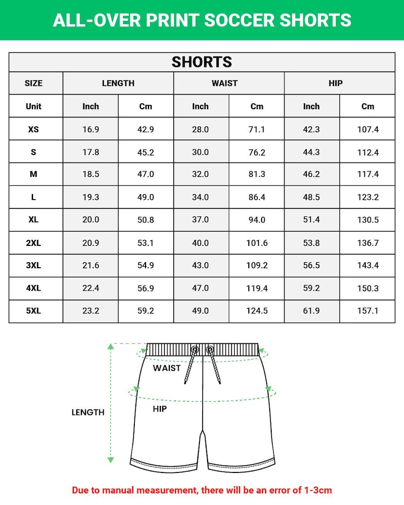 May include: A size chart for all-over print soccer shorts featuring a table with length, waist, and hip measurements in inches and centimeters for sizes XS through 5XL, accompanied by a line drawing of shorts with labeled waist, hip, and length.