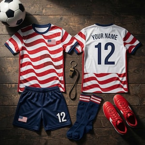 May include: A soccer uniform set including a short-sleeved jersey with a wavy red and white stripe pattern and a small US flag, a white jersey back with the text YOUR NAME and number 12, navy shorts with number 12 and a US flag, socks, and a whistle.