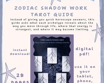 Op de afbeelding: Een digitale Zodiac Shadow Work Tarot-gids in PDF-formaat met 28 pagina's. De omslag toont de titel The Grounded Sky, Honest Inquiries into the Twelve Archetypes of the Soul en vijf kaarten met wortelillustraties op een donkere achtergrond.