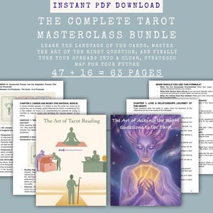 May include: A bundle of digital tarot guides with the title "The Complete Tarot Masterclass Bundle." The guides include "The Art of Tarot Reading" and "The Art of Asking the Right Questions to the Tarot." The cover art features illustrations of a meditating figure and a woman holding tarot cards.