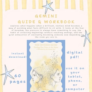 Può includere: Un quaderno di esercizi digitale intitolato Gemini Guide & Workbook e The Divided Echo: Finding One Voice in the Noise. La copertina presenta due illustrazioni di profilo con motivi floreali e di uccelli in giallo e blu, con 60 pagine.