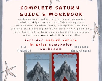 Op de afbeelding: Een digitaal handboek en werkboek getiteld COMPLETE SATURN GUIDE & WORKBOOK, met 113 pagina's en een Saturn return in Aries bijlage. De cover toont twee figuren in mantels voor een berg, één in het grijs en één in het rood.