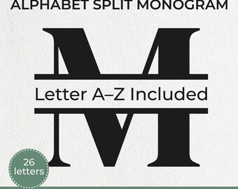 Pacote de Alfabeto SVG com Monograma Dividido, Moldura para Nome de Família, 26 Letras (A-Z), Alfabeto SVG para Cricut e Silhouette, Arquivos de Corte SVG, PNG, DXF e EPS