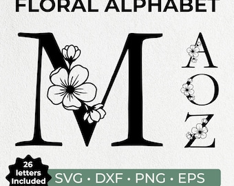 Pacote de alfabeto floral em SVG, Alfabeto de flor de cerejeira em SVG, Monograma floral em SVG, Alfabeto personalizado para casamento em SVG, Arquivos de corte em PNG, SVG e DXF