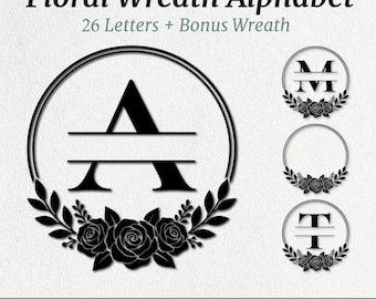 Pacote de monogramas em SVG, letras de guirlanda em SVG, clipart de alfabeto com arabescos, monograma inicial, corte de madeira com nome de família, arquivos para corte a laser, SVG, PNG, DXF