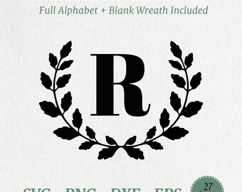 Pacote de Iniciais em SVG para Coroa de Flores, Monograma Inicial em SVG, Clipart de Letras para Coroa de Flores, Coroa de Louros em SVG, Clipart de Alfabeto com Arabescos, Arquivos de Corte em SVG, PNG e DXF