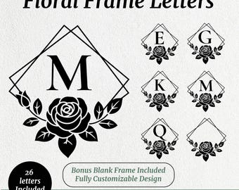 Pacote de Alfabeto Floral em SVG de A a Z, Letras de Monograma em SVG, Letras com Moldura Floral, Arquivos de Corte para Silhouette, Moldura Personalizada com Nome, SVG, PNG, DXF