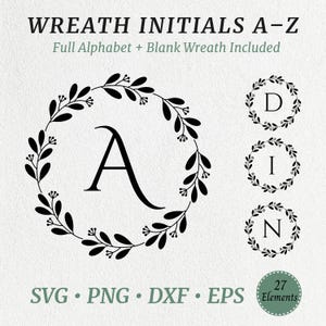 Może przedstawiać: Grafika cyfrowa z literą "A" w czarnym wieńcu, wraz z literami "D", "I" i "N" w podobnych wieńcach. Wyświetlany jest również tekst "WREATH INITIALS A-Z" i opcje typu pliku.