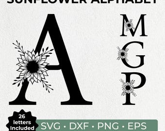 Alfabeto de Girassol em SVG, Pacote de Alfabeto Floral, Monograma de Girassol em SVG, Letras de Monograma Floral, Pacote de Alfabeto, Arquivos de Corte em PNG, SVG e DXF