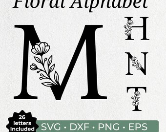 Pacote de Alfabeto Floral de Flores Silvestres em SVG, Letras Botânicas em SVG, Arabescos em SVG, Letras de Monograma Floral, SVG para Casamento, Clipart em PNG, SVG e DXF