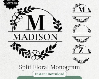 Pacote de Alfabeto Monograma Floral Dividido em SVG, SVG para Tábua de Corte, SVG para Casamento, SVG para Monograma de Guirlanda, Clipart de Alfabeto com Arabescos em SVG, PNG, DXF