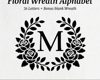 Letras de guirlanda em SVG, Sobrenome em SVG, Guirlanda floral em SVG, Clipart de alfabeto com arabescos, Monograma inicial, SVG para casamento, Arquivos para corte a laser em SVG/PNG/EPS