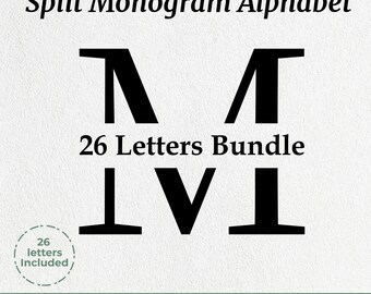 Pacote de monograma dividido em SVG, alfabeto monograma em PNG, moldura para nome de família, clipart de alfabeto, 26 letras, arquivos de corte, clipart em PNG, SVG e DXF
