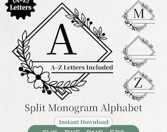 Pacote de molduras de monograma divididas em SVG, monograma floral com moldura dividida, alfabeto floral em SVG, corte de madeira para nome de família, arquivos para corte a laser, SVG, PNG, DXF