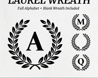Pacote de Letras de Coroa de Louros em SVG, alfabeto de coroa de louros, coroas em SVG, alfabeto de monograma, arquivos de corte para Cricut e Silhouette, clipart em SVG, PNG e DXF