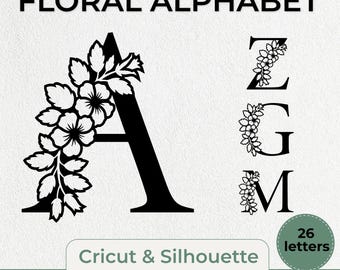 Alfabeto floral em SVG, Letras de flores de A a Z, Letras de flores, Monograma inicial, Letras de monograma floral, Arquivos de corte, Clipart em PNG, SVG, DXF