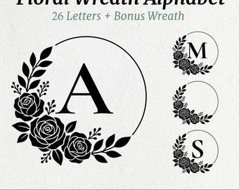 Pacote de monogramas em SVG, letras de guirlanda em SVG, monograma inicial, clipart de alfabeto com arabescos, arquivo para corte a laser, corte de madeira para nome de família, SVG, PNG, DXF