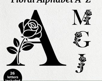 Pacote de alfabeto floral em SVG, letras de monograma floral, alfabeto personalizado para casamento em SVG, letras de flores, pacote de alfabeto, arquivos de corte em PNG, SVG e DXF.