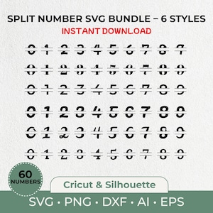May include: A digital download graphic bundle featuring split number SVG files in six styles. The numbers 0-9 are displayed in black, with a horizontal line splitting each number. The image includes the text "Split Number SVG Bundle - 6 Styles" and "Instant Download."