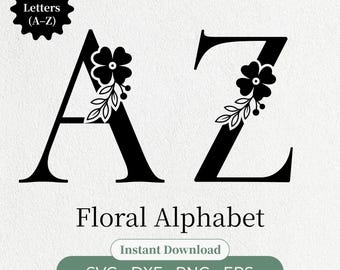 Pacote de Alfabeto Floral em SVG, letras de monograma floral em SVG, alfabeto para casamento, letras de monograma floral, letras de flores, arquivos de corte em PNG, SVG e DXF.