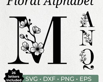 Pacote de Alfabeto Floral em SVG, Alfabeto de Flor de Cerejeira em SVG, Letras de Sakura em SVG, Alfabeto de Casamento em SVG, Pacote de Alfabeto, Arquivos de Corte em PNG, SVG e DXF