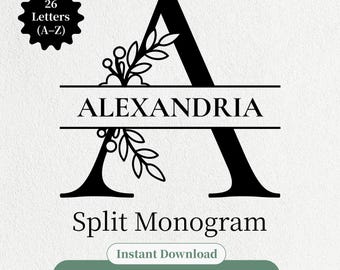 Pacote de monogramas florais em SVG, monograma floral dividido, SVG com sobrenome para casamento, monograma em SVG, arquivos de corte de letras divididas em PNG, DXF e SVG.