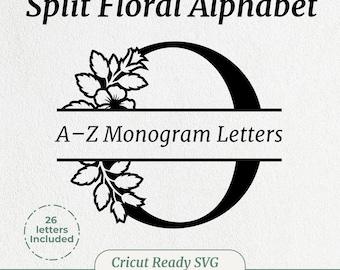 Monograma floral dividido em SVG, Letras de monograma de flores, Silhueta, alfabeto floral em SVG, Sobrenome em SVG, Clipart em PNG, Arquivos de corte em PNG, SVG, DXF