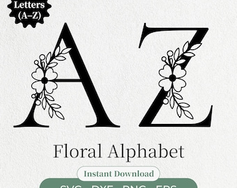 Alfabeto floral em SVG, Letras de flores de A a Z, Casamento, Ornamentos, Letras florais, Letras de monograma floral, Arquivos de corte, Clipart png, svg, dxf