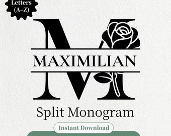 Pacote de Monograma Floral Dividido, Monograma Floral em SVG, Monograma Inicial, SVG com Arabescos, SVG para Casamento, Sobrenome, Letra Floral, Clipart em PNG, SVG e DXF