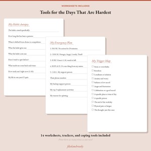 May include: Three white worksheets titled Tools for the Days That Are Hardest, My Habit Autopsy, My Emergency Plan, and My Trigger Map. The pages feature lines for writing, numbered steps, and checkboxes for tracking stress, boredom, and anxiety.