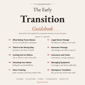 Może przedstawiać: Cyfrowy przewodnik zatytułowany The Early Transition Guidebook na kremowym tle z czarnym tekstem. Zawiera rozdziały takie jak What Being Trans Means, Legal Name Change, Hormone Therapy i Workplace Transition, łącznie 34 strony.